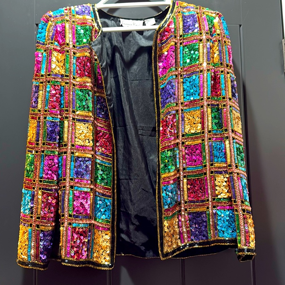 Vintage 1980's Laurence Kazar Rainbow Sequin Silk Jacket Size Small Women's